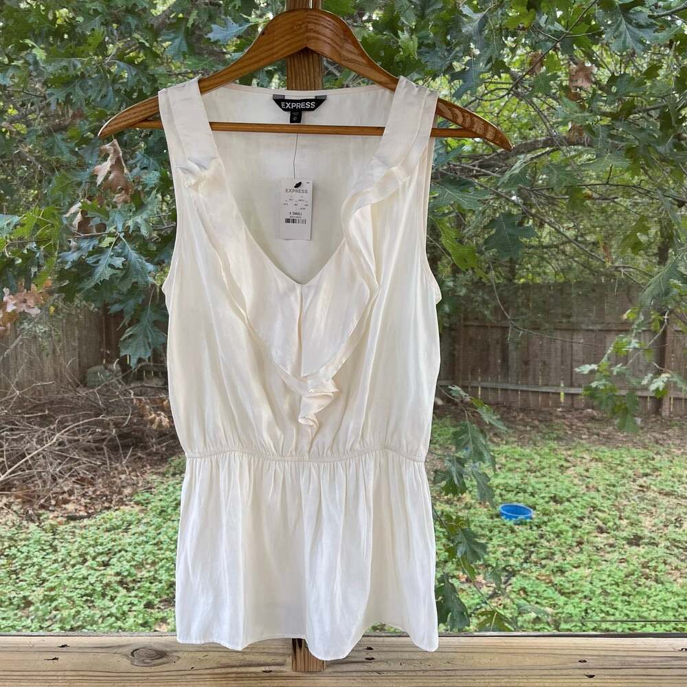 Express Women's White Satin Sleeveless Peplum Ruffled Top Size XS. NEW!